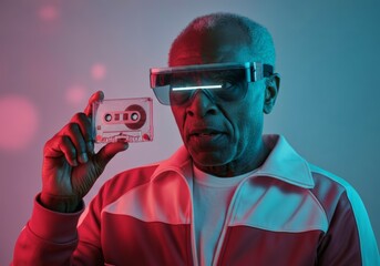 An elderly African-American man wearing a retro 1970s tracksuit and futuristic AR glasses examines a glowing holographic cassette tape. Concept of blending vintage and modern aesthetics.