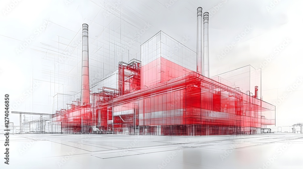 Poster minimalist architectural rendering of an industrial factory complex with clean lines and tall chimne