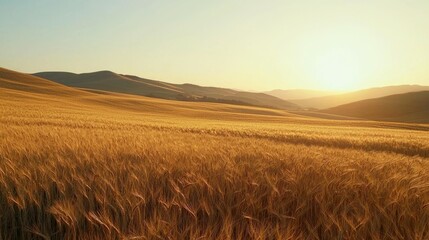 Obraz premium Golden Wheat Field Under Warm Sunset Sky Over Rolling Hills