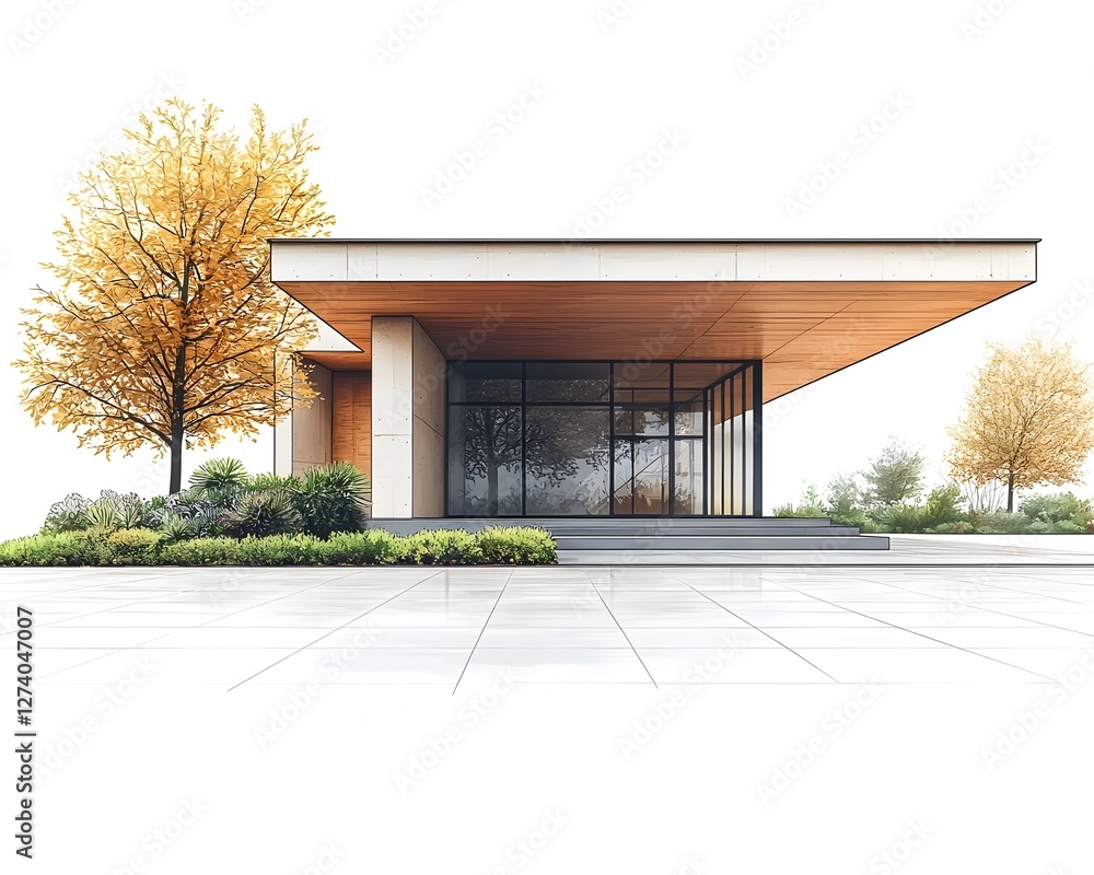 Poster sleek minimalist pavilion with clean angular lines and canopy roof on white background