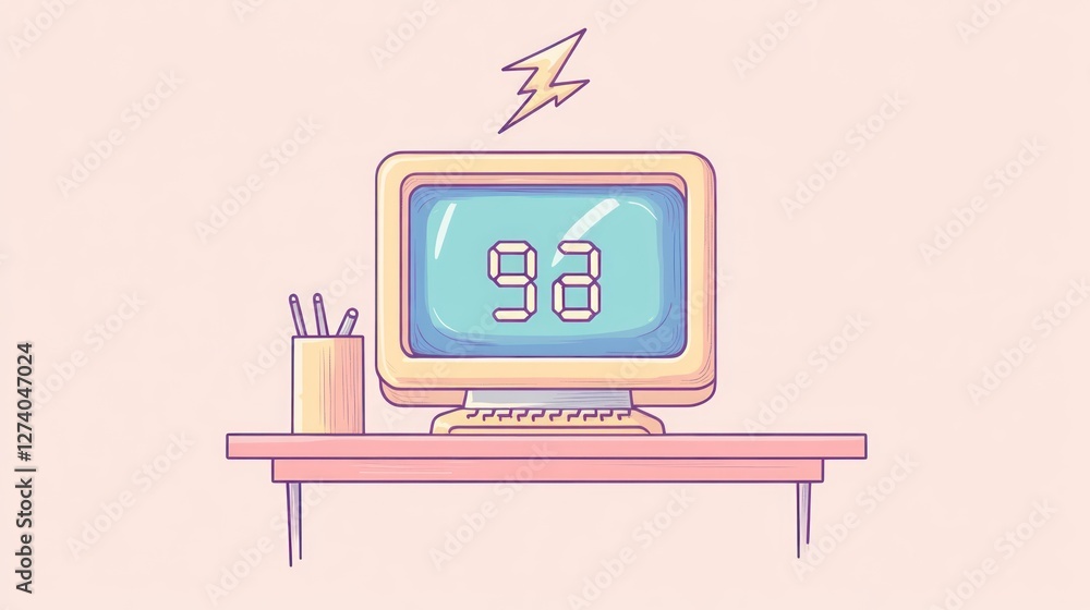 Poster retro computer on a desk with a lightning bolt. possible stock photo use