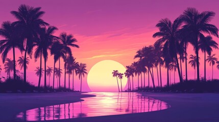 Fototapeta premium Artistic silhouette of palm trees lining the beach, set against a vivid pink and purple sunset sky, tropical paradise aesthetics.