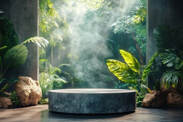 Serene Jungle Scene with Mist and Stone Platform Surrounded by Foliage