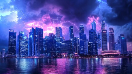 Obraz premium Stunning Urban Skyline at Night with Dramatic Lightning Display