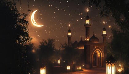 Night Scene of a Mosque Illuminated by Lanterns under a Crescent Moon and Starry Sky
