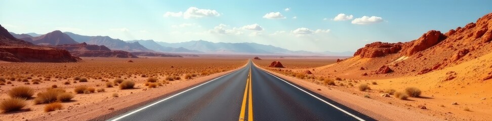 Tar road winding its way through desert landscape, vastness, tar road