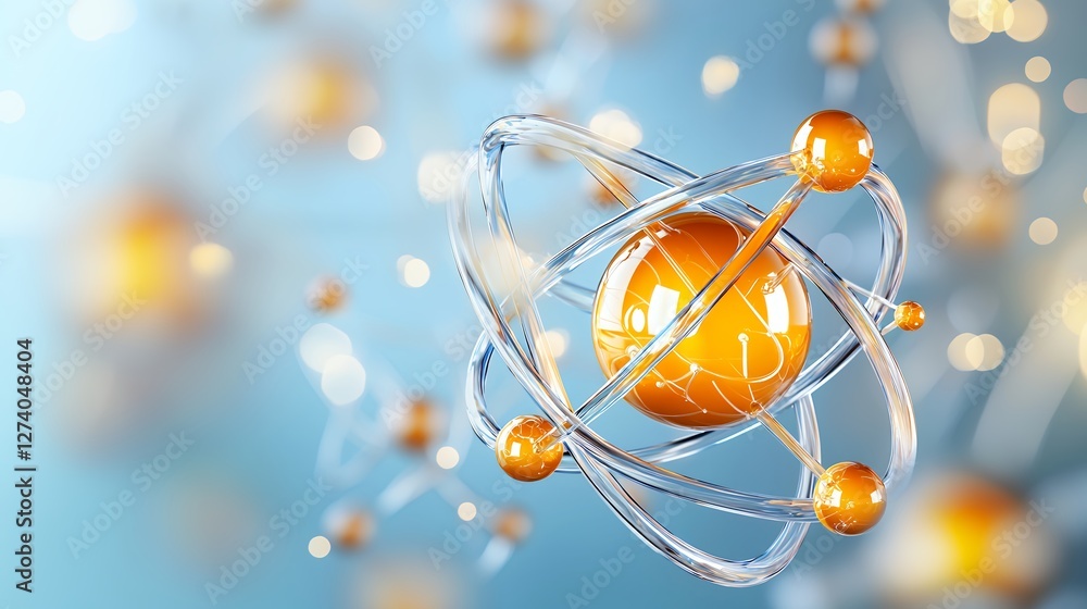 Poster detailed rendering of an atomic structure featuring orange spheres on soft blue