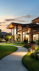 Fototapeta premium A modern luxury house with a rustic pathway and evening lighting creates a beautiful exterior