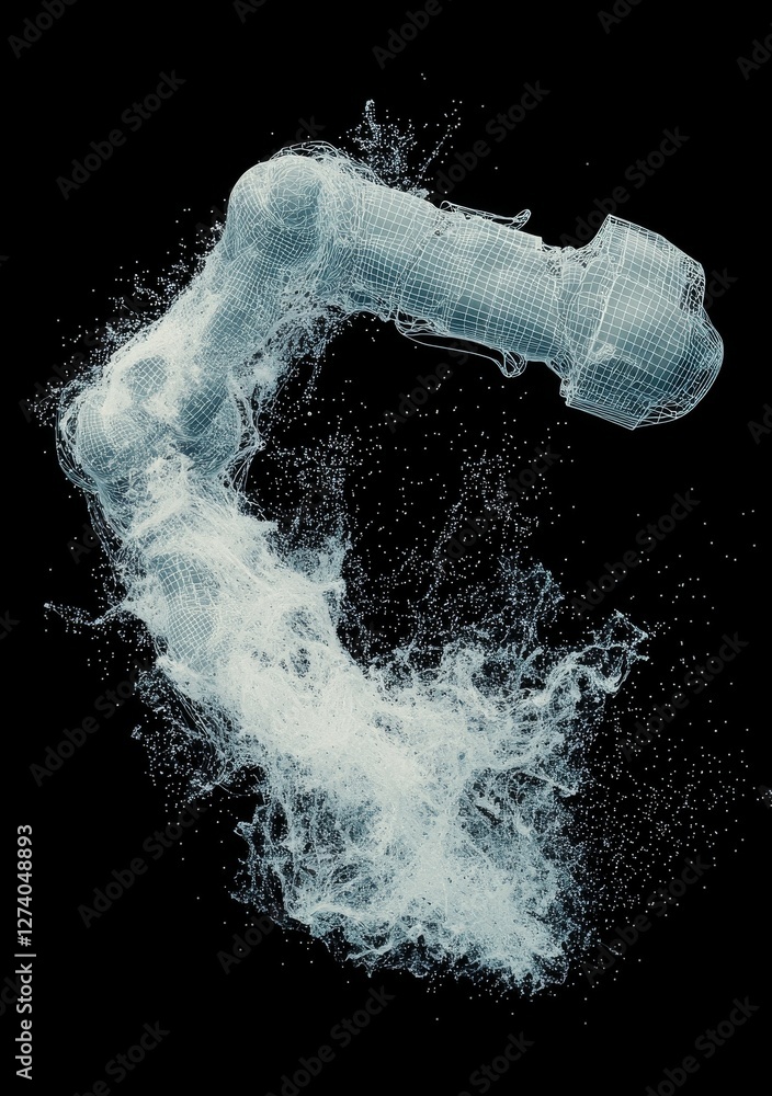 Poster a dark backdrop features a glowing blue wireframe hologram of a robotic arm, symbolizing advanced ro