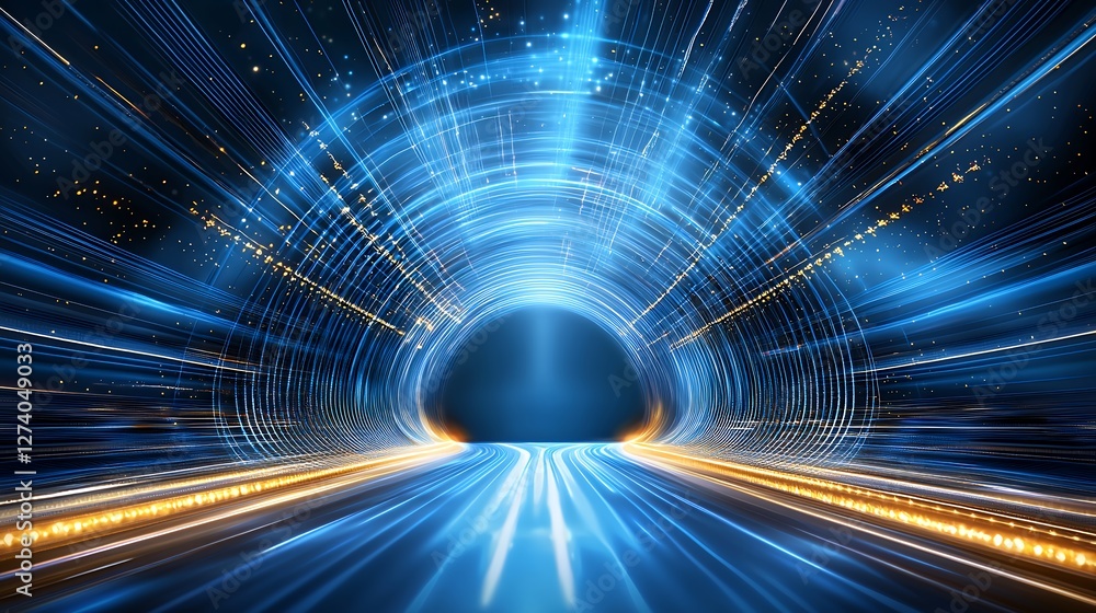Poster dynamic abstract light tunnel with flowing blue and gold data streams