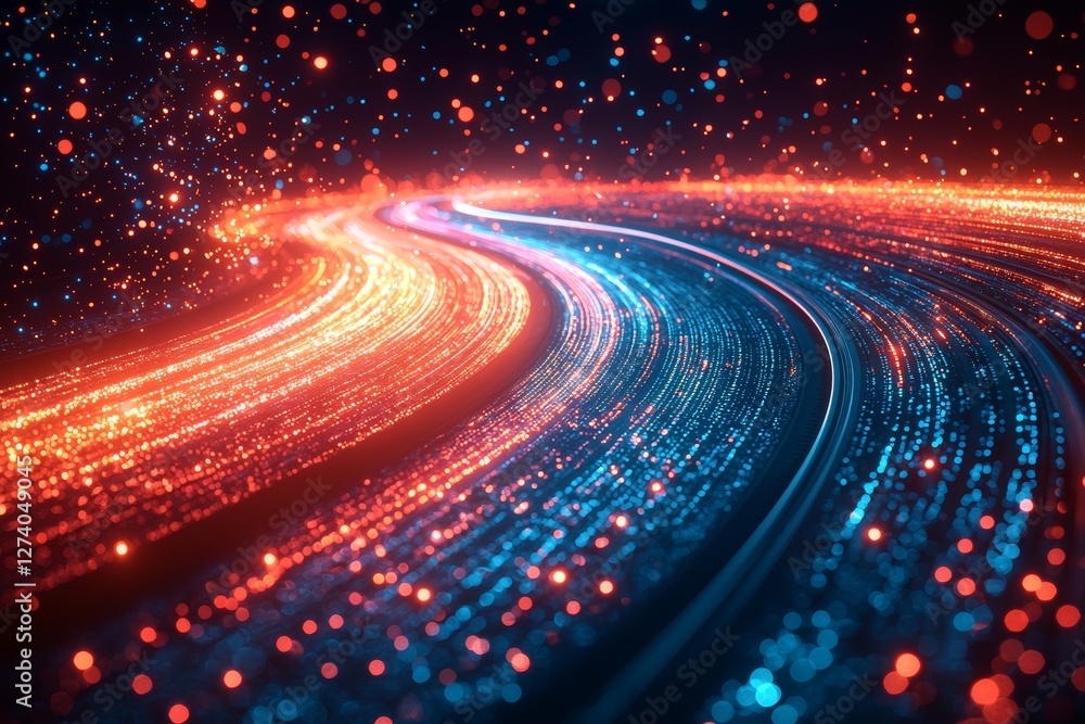 Poster an abstract image of a deep blue background with a vibrant red light trail curving across it is capt