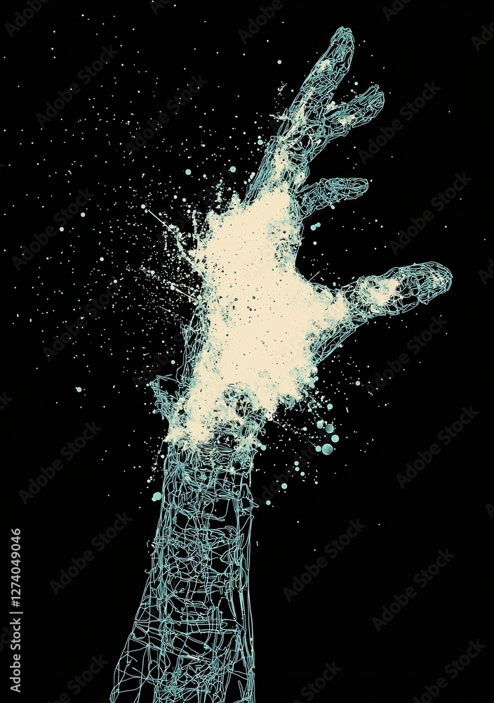 Poster a glowing blue wireframe hologram of a robotic arm set against a dark background embodies advanced r