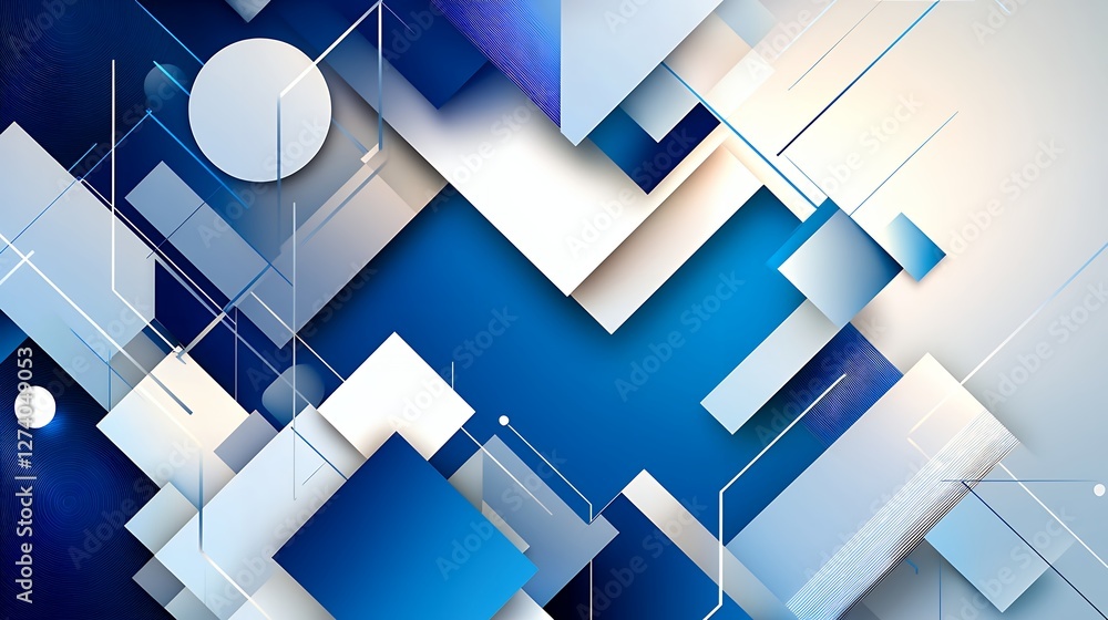 Poster dynamic blue and white abstract geometric design with squares and overlapping shapes