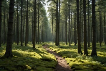 Obraz premium arafed path in a forest with moss and trees