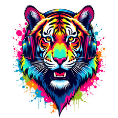 Colorful Neon Tiger With Headphones, striker, Tshirt design, logo design, game, poster, computer Wallpaper, PNG, transparent
