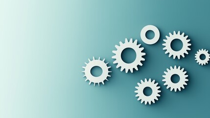 Abstract Arrangement of White Gears and Cogs on a Soft Mint Background for Technology and Industry Concepts