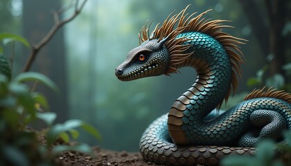 Obraz premium Majestic serpent creature in mystical forest, enchanting fantasy illustration