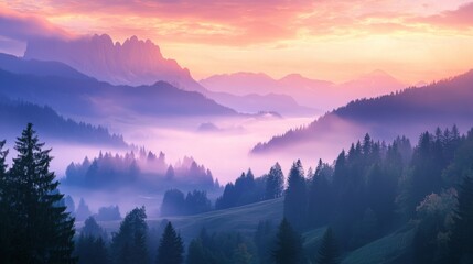 Obraz premium Majestic Mountain Landscape at Sunrise with Mist and Colorful Sky