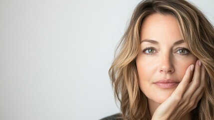 Naklejka premium Contemplative woman with wavy hair resting chin on hand, radiating calm introspection against soft neutral background, embodying quiet moments of reflection