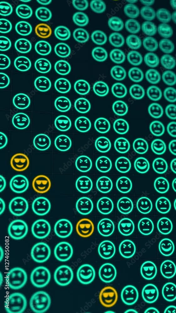 Aufkleber blue glowing emoji icons matrix on a grid abstract background, vertical composition. bokeh effect. f