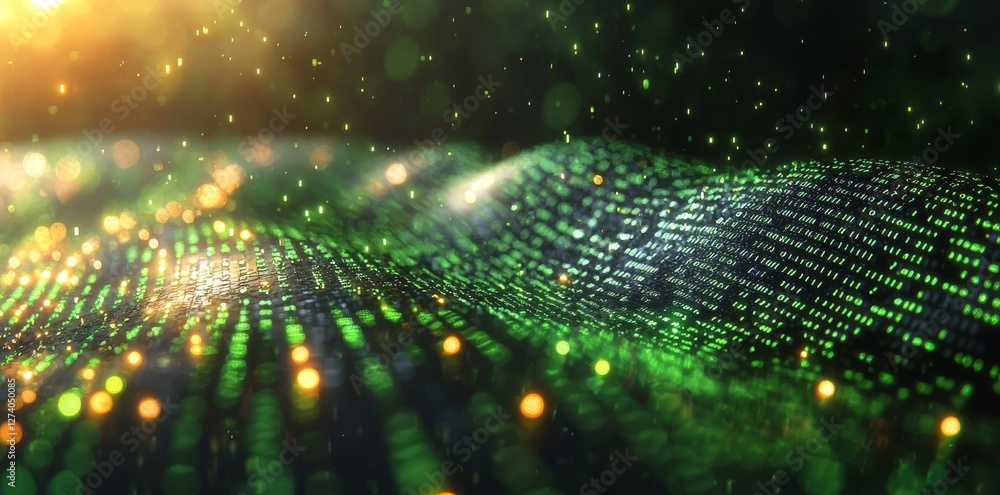 Wall mural green digital lines are set against a futuristic abstract background to depict binary code