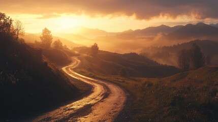 Serene Sunset Over Misty Hills with Winding Country Road