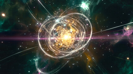 Obraz premium Abstract cosmic explosion with radiant particles, glowing plasma waves, and a deep space ambiance