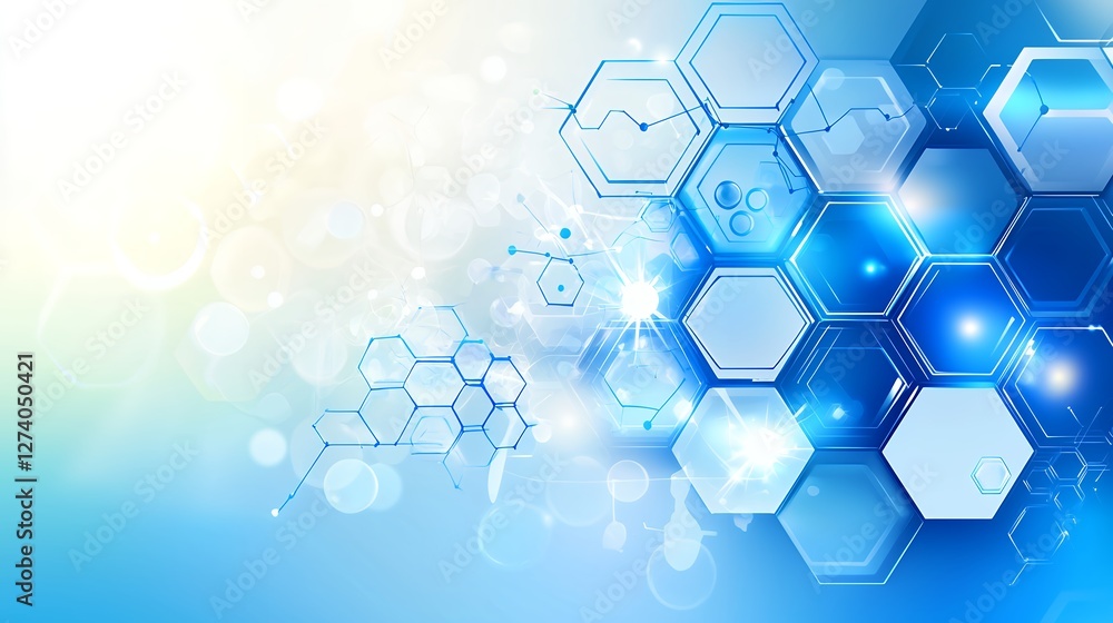 Poster geometric hexagon pattern on blue background with light bursting effect