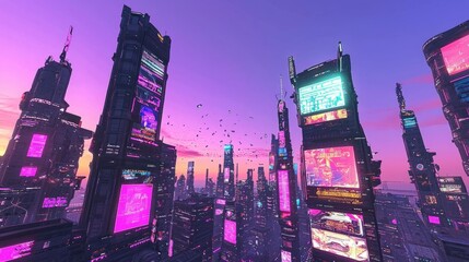 Futuristic Cityscape at Dusk with Neon Lights and Vibrant Colors