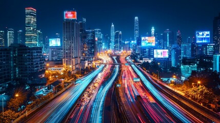 Fototapeta premium Vibrant City Skyline at Night with Light Trails on Busy Highway