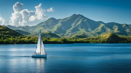 Sailboat on Calm Water, Mountains Background. Peaceful Scenery.  Potential Stock Photo