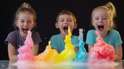 Exploding colorful foam experiment (elephant toothpaste reaction), kids reacting with excitement while maintaining safe distance.