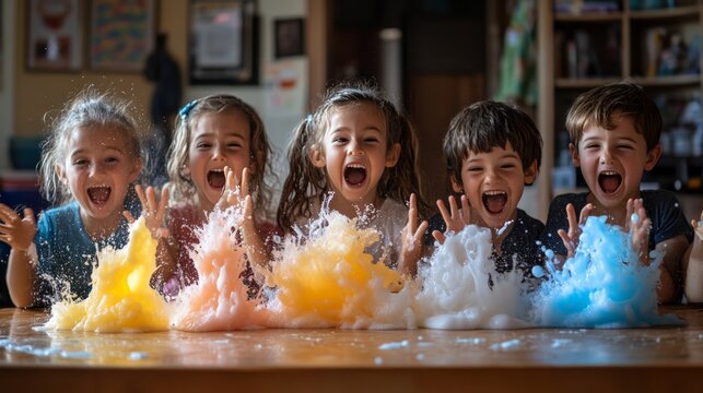 Exploding colorful foam experiment (elephant toothpaste reaction), kids reacting with excitement while maintaining safe distance.