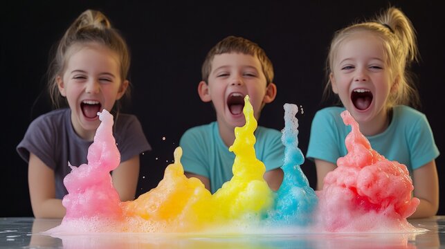 Exploding colorful foam experiment (elephant toothpaste reaction), kids reacting with excitement while maintaining safe distance.