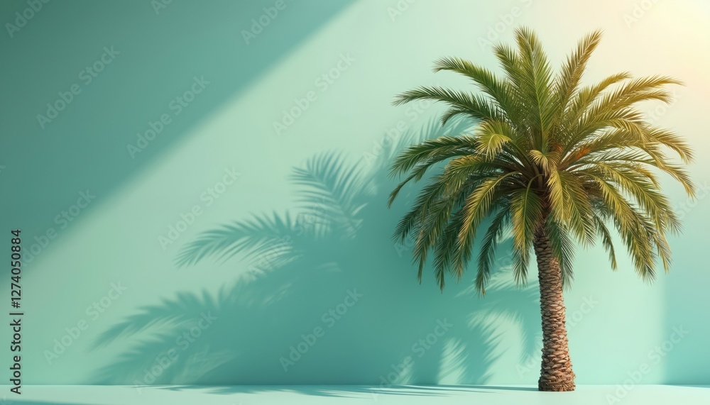 Poster palm tree on a pastel teal background with copy space. sunlight casting shadows of palm leaves. trop