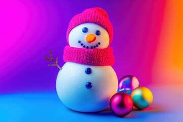 Obraz premium Snowman with colorful ornaments on a color block studio background. Bright lighting.