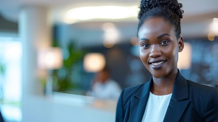 Obraz premium In the photo, there is a young woman posing confidently inside an office space, with blurred details in the background emphasizing her presence at the center of the image.