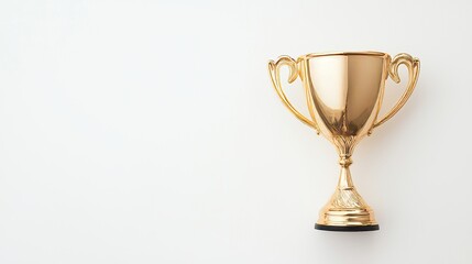 Fototapeta premium A trophy cup made of gold with a shiny reflective surface is presented on a clean white backdrop under subtle lighting conditions