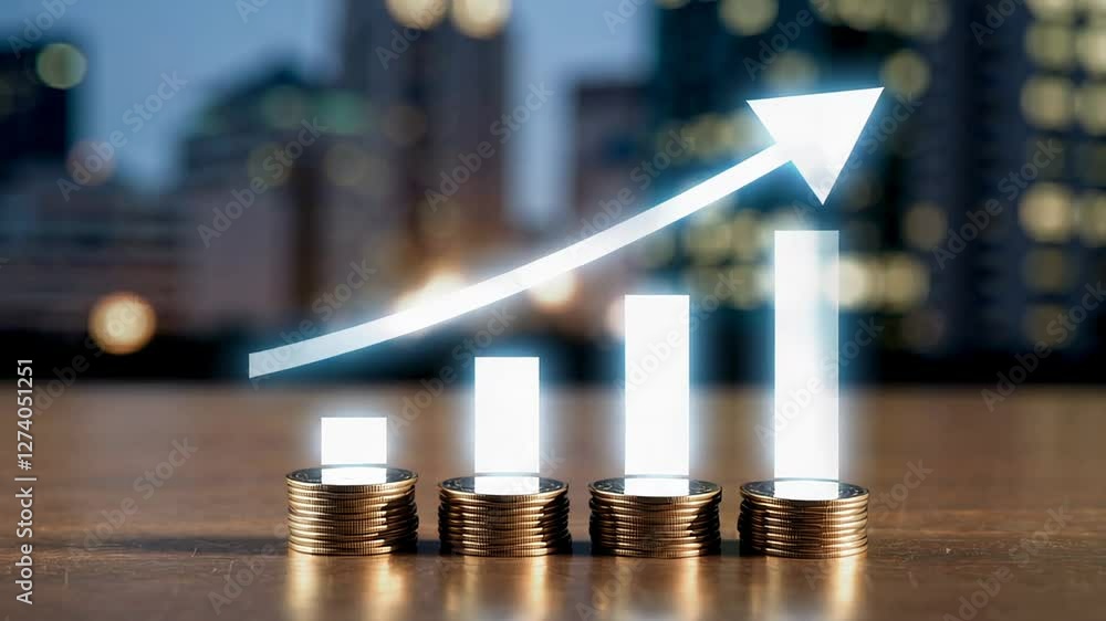 Poster stacks of coins symbolize increasing profits with a growth arrow superimposed, representing successf