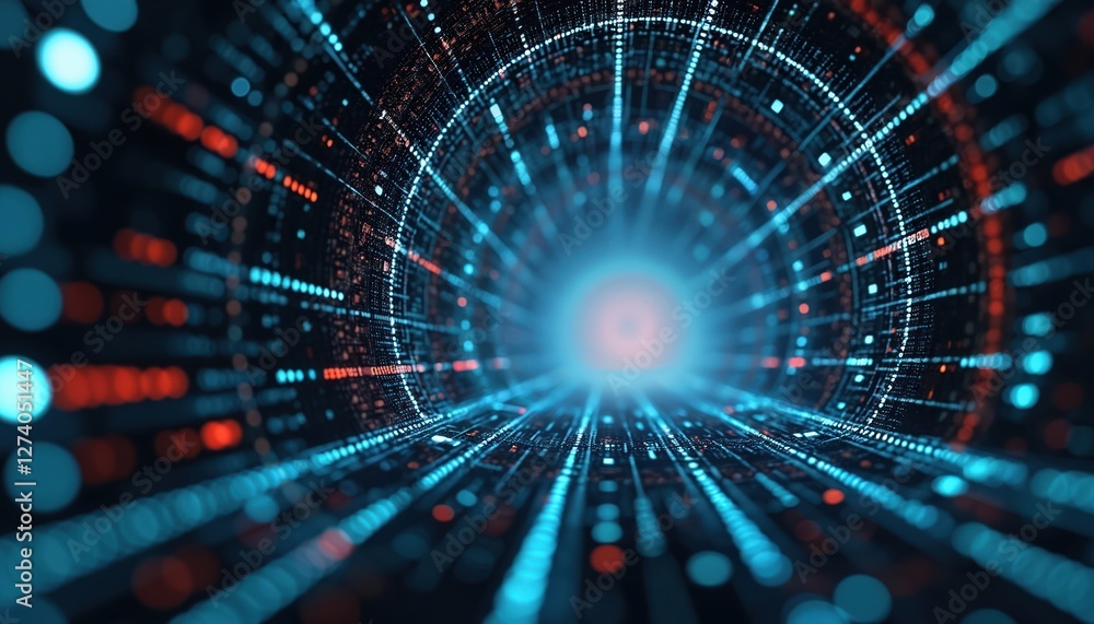 Poster Tech background with field depth. Three-dimensional small dots perspective, digital information, system datum, encryption for communication. Artificial intelligence, neural network wallpaper. Hi-tech