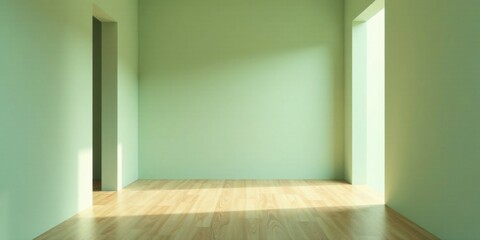 Fototapeta premium Serene Empty Room with Light Green Walls and Natural Wood Flooring, Ideal for Interior Design and Architectural Visualization