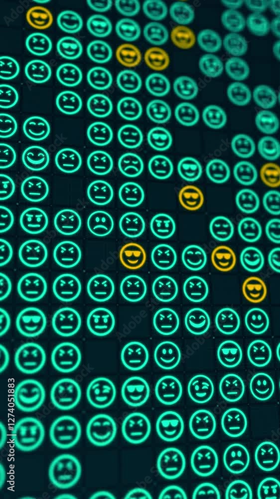 Poster blue glowing emoji icons matrix on a grid abstract background, vertical composition. bokeh effect. f