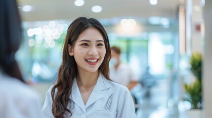 Obraz premium This image depicts a smiling woman wearing a white lab coat in an indoor setting, likely a professional environment such as a clinic or hospital.