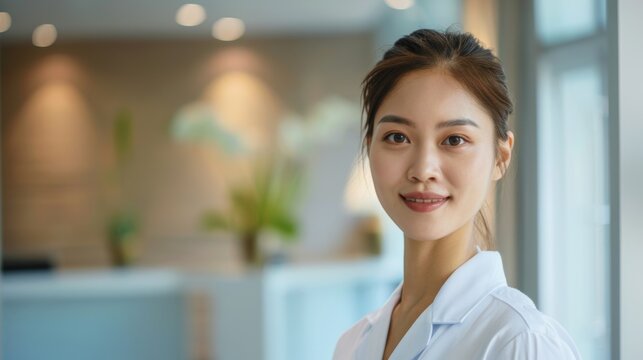 Asian woman smiling at camera in professional setting.