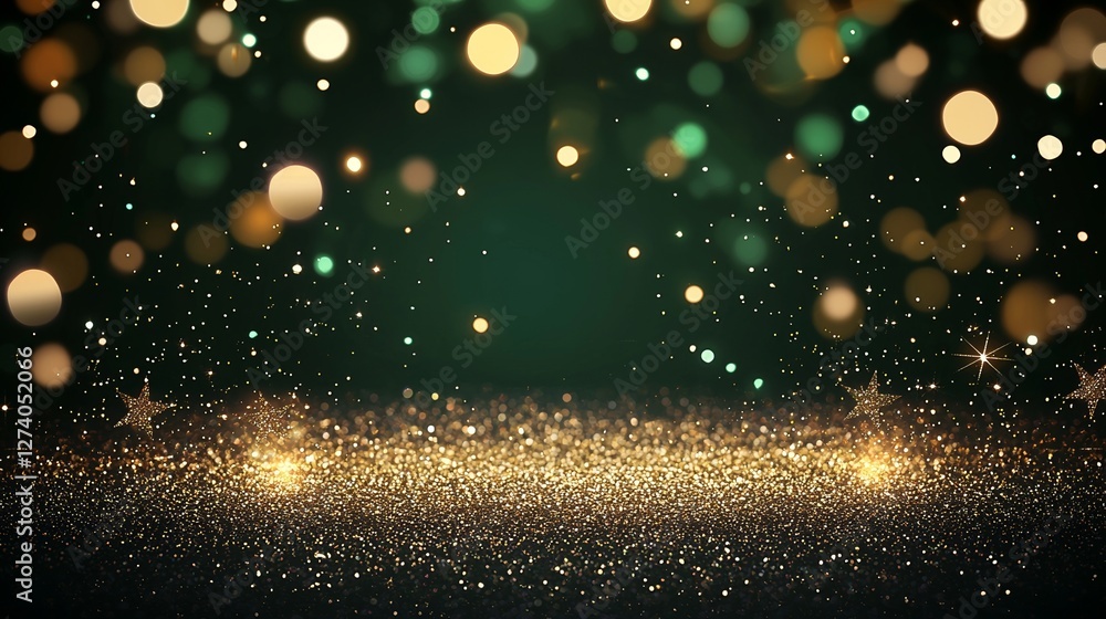 Poster a green color background serves as the canvas for blur bookeh gold lights or flashes to create a cap