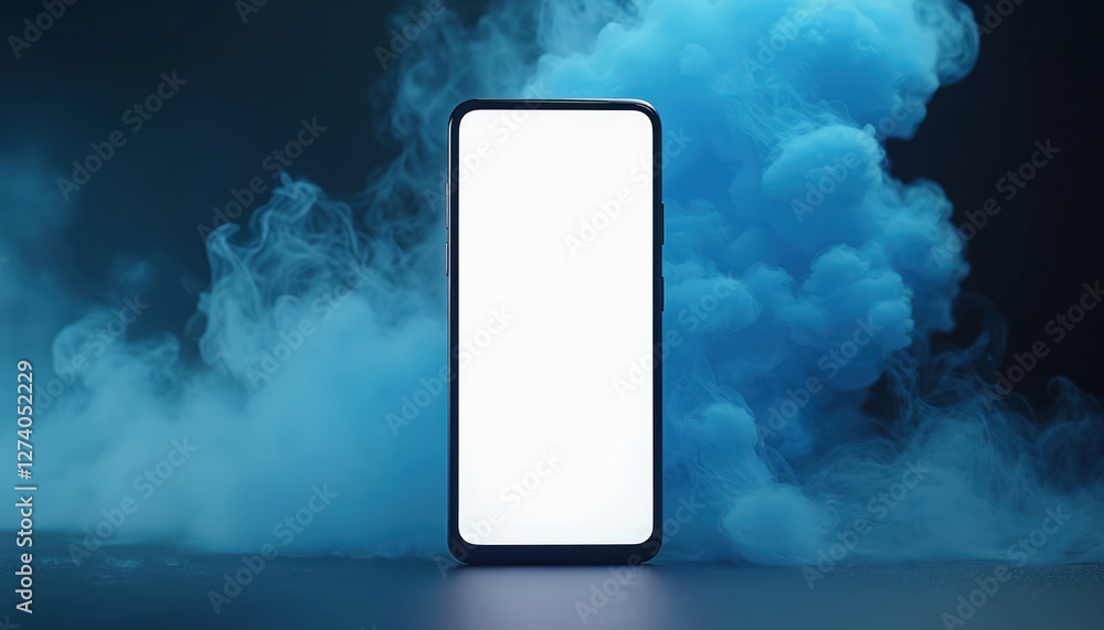 Fototapete close-up of smart phone featuring clean blank white screen. backdrop with blue fume. mobile phone mo