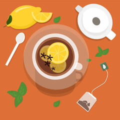 Cup with tea and lemons ir lemon tea relax morning tea