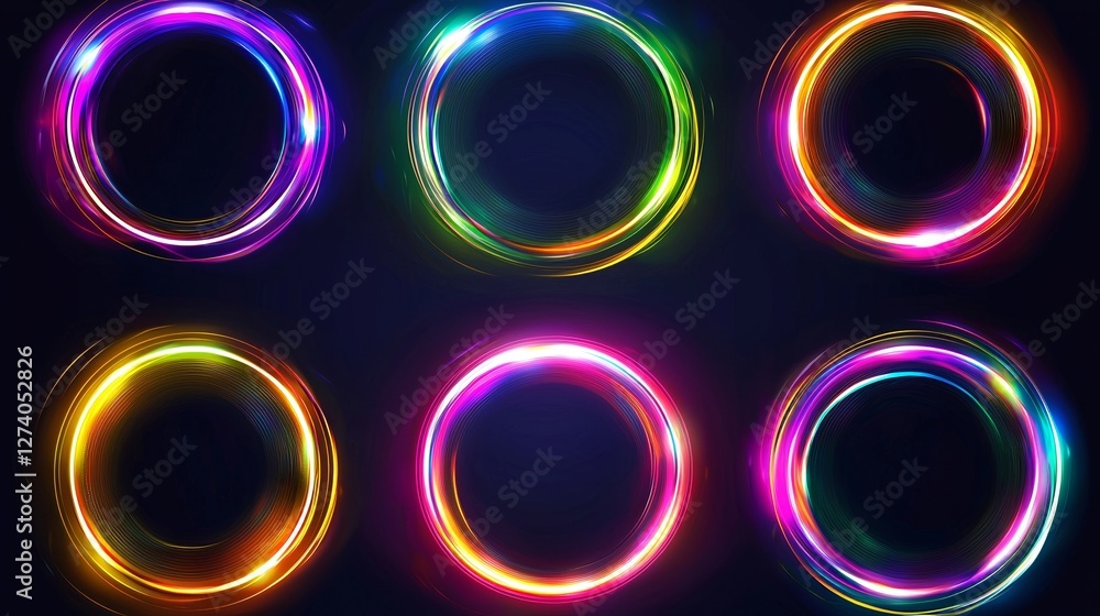 Aufkleber glowing neon circles with curved shapes and dynamic wavy lines are isolated on a black background, r