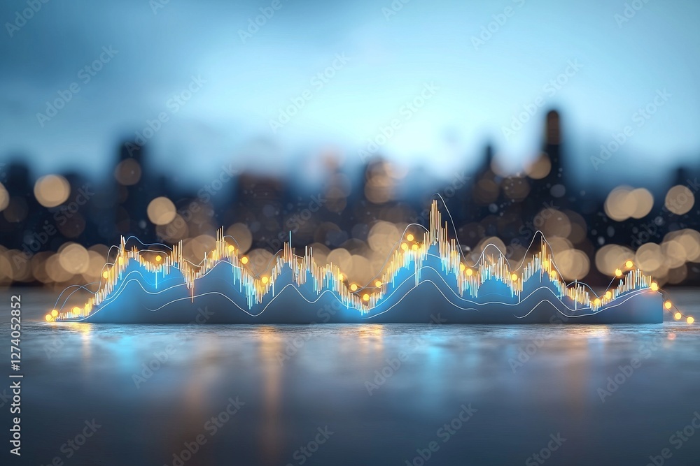 Poster nighttime cityscape with blurred illumination and a graph line overlay, signifying data analysis in 