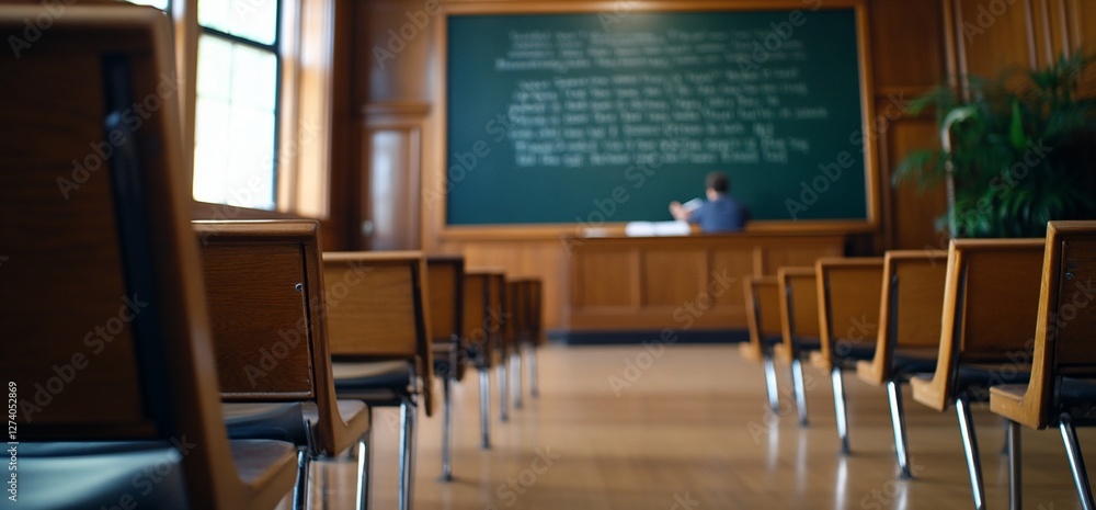 Poster empty lecture hall with blurred professor writing on chalkboard surface